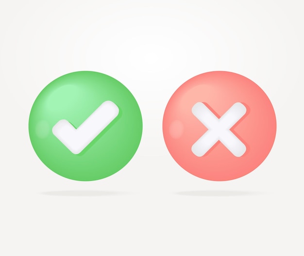 Marca de verificación aprobada en 3D y icono de signo de marca de desmarcación