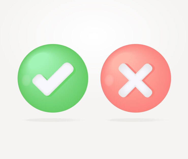 Marca de verificación aprobada en 3D y icono de signo de marca de desmarcación