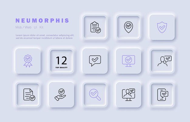 Marca de verificación conjunto icono Portapapeles puntero escudo medalla comentario revisión comprobado éxito logro hecho aprobado Tick concepto Neomorfismo estilo Vector línea icono para Negocios y Publicidad