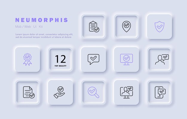 Marca de verificación conjunto icono portapapeles puntero escudo medalla comentario revisión comprobado éxito logro hecho aprobado tick concepto neomorfismo estilo vector línea icono para negocios y publicidad