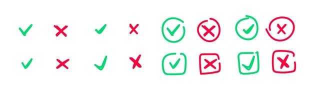 Marca de verificación y cruz Sí y no Correcto e incorrecto Dibujado a mano Elección Icono aprobado Elegir