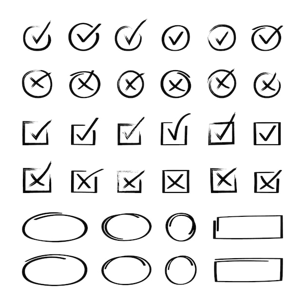 Marca de verificación dibujada a mano con diferentes flechas circulares y subrayado Conjunto de iconos de marcas de lista de verificación Doodle v Ilustración vectorial