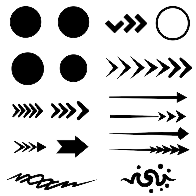 Marca de verificación de flecha de círculo y paquete de silueta de elemento de línea para iconos de diseño de UI infografías