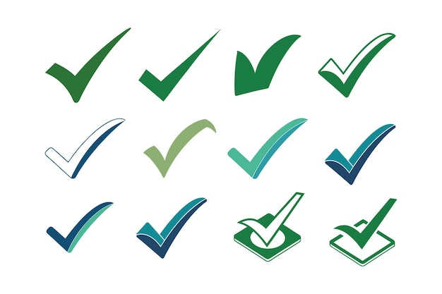 Marca de verificación Icon Set Green Tick Marca los símbolos aprobados y los vectores de verificación de la interfaz de usuario