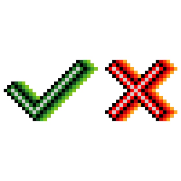 Marca de verificación y marca cruzada. Marque y cruce el signo con pixel art. ilustración vectorial