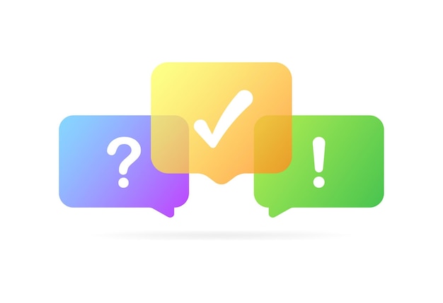 Marca de verificación Marca de pregunta Marca de exclamación Burbujas de color plano Marca de pregunta Marca de exclamación Marca de vector Iconos