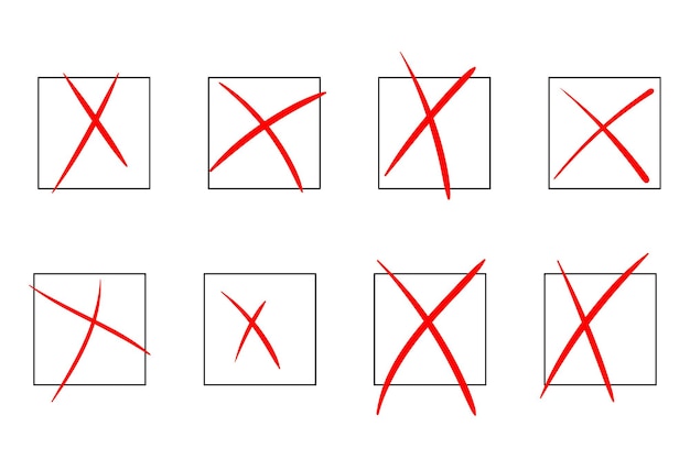 Marca de verificación Marca de verificación dibujada a mano y cruz Cuadros llenos vacíos para respuestas en la votación de prueba