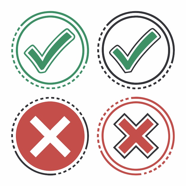 Marca de verificación y símbolos de cruz en estilos planos