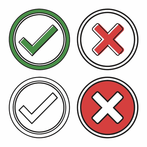 Marca de verificación y símbolos de cruz en estilos planos