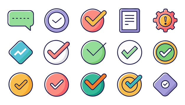 Marca de verificación trazo editable iconos de colores conjunto aislado vector plano ilustración de colección pro en wh