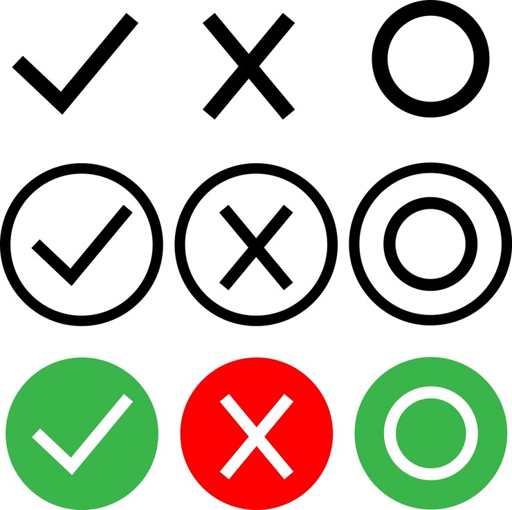 Vector marca de verificación verde conjunto de iconos de marca de cruz roja símbolos de verificación aislados signos de lista de verificación insignia de aprobación