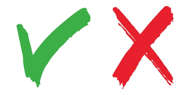 Marca de verificación verde dibujada a mano y cruz roja aislada Icono correcto e incorrecto Ilustración vectorial