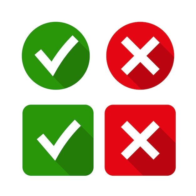 Vector marca de verificación verde ok e iconos x rojos,