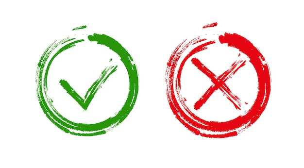 Marca de verificación verde ok e iconos x rojos