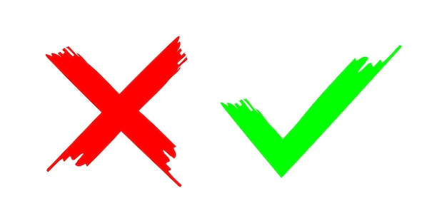 Marca de verificación verde y símbolo de icono de cruz roja