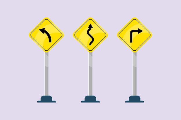 Marcaciones de carreteras direcciones de giro Señales de carretera Concepto Ilustración vectorial plana de colores aislada