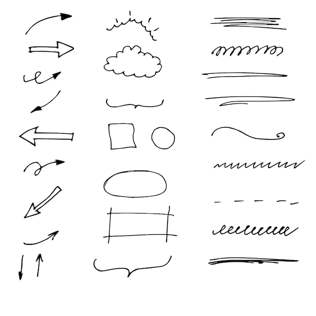 Marcador de boceto dibujado a mano subrayado forma flecha corazón garabateo pincel pizarra tabla de colores gráficos de amor de la corona