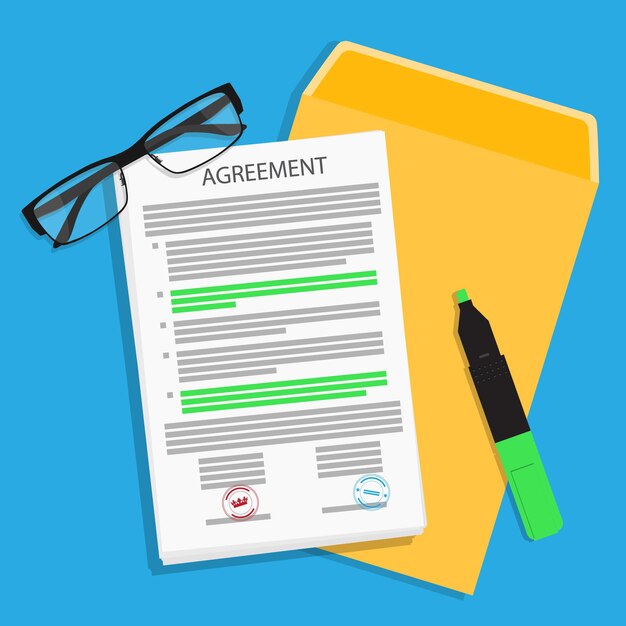Marcador de carpeta de acuerdo de contrato y gafas Concepto de documento de firma de asociación Ilustración vectorial