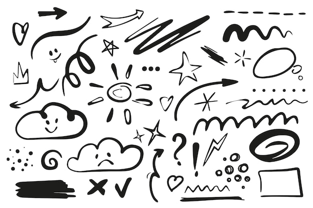 Marcador de forma de línea conjunto de elementos en diseño gráfico plano Bundle de objetos de negro dibujos garabateados con flechas estrellas nubes sol rizos círculo puntos cuadrados teca corazón otro ilustración vectorial