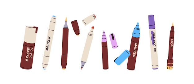 Marcador forros plumas y lápices conjunto dibujo boceto escritura y caligrafía herramientas de arte suministros de papelería accesorios de diferentes tipos Ilustración vectorial plana aislada sobre fondo blanco