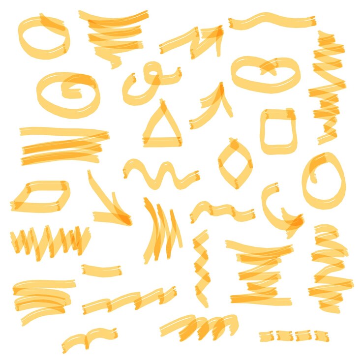 Vector marcador giratorio marcador destacado o dibujo con pluma de fieltro flechas y formas geométricas marcas abstractas esbozo de pincel de dibujos de línea escribir pincelado diseño vectorial subrayado amarillo conjunto