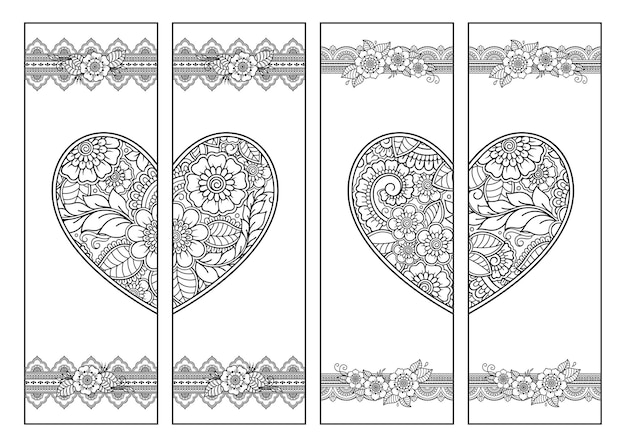 Vector marcador imprimible para colorear libros conjunto de etiquetas en blanco y negro con corazones y motivos florales en estilo mehndi boceto de adornos para la creatividad de niños y adultos con lápices de colores