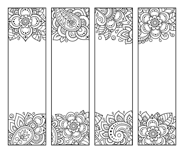 Vector marcador imprimible para libro - colorear. conjunto de etiquetas en blanco y negro con motivos florales, dibujo a mano en estilo mehndi. boceto de adornos para la creatividad de niños y adultos con lápices de colores.