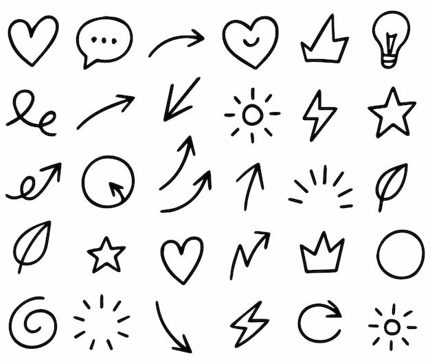 Marcador de línea dibujado a mano pincel flecha conjunto de elementos boceto lápiz de trazo vectorial pluma gráfica subrayado icono de garabateo línea dibujada a mano corazón corona estrella símbolo resaltar forma del marcador