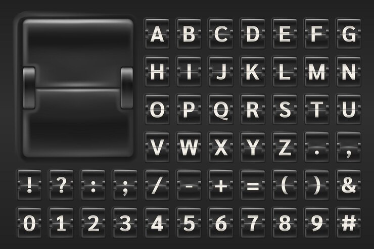 Vector marcador mecánico flip font plantilla de tablero de equipo realista para aeropuerto y estación de tren