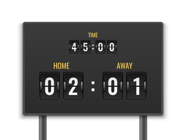 Marcador. Número temporizador de cuenta numérico fecha baja panel mecánico cuenta regresiva estadio partido gol fútbol deporte juego empate