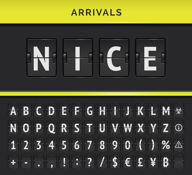 Vector marcador, tablero del aeropuerto de llegadas con alfabeto, números y símbolos