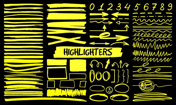 Vector marcadores amarillos marcadores en estilo dibujado a mano ilustración vectorial con subrayados rondas flechas