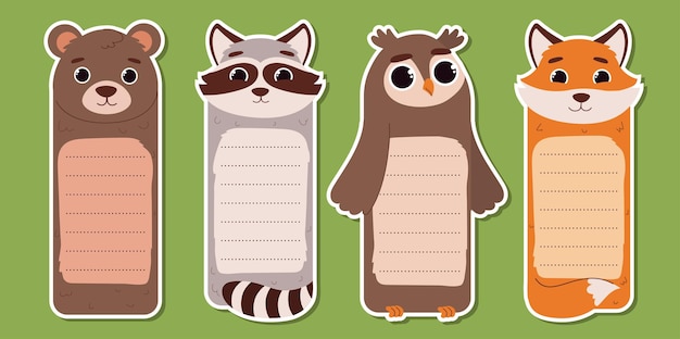Marcadores de animales del bosque establecidos Sofá de oso mapache y zorro Suministros escolares espacio para notas Educación aprendizaje y entrenamiento Colección de vectores planos de dibujos animados aislados en fondo verde