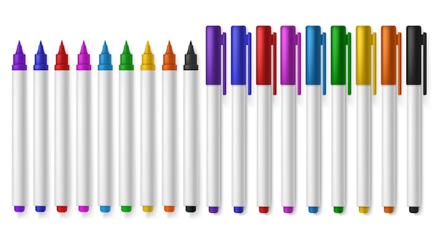 Marcadores de colores. Herramientas de pintura multicolor creativas brillantes para niños, rotuladores artísticos de apertura y cierre de varias paletas de colores dispuestas en línea. Útiles escolares, conjunto de vectores realistas de resaltadores de oficina