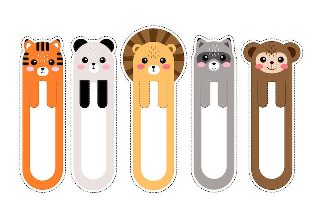 Marcadores de kawaii de dibujos animados con animales Colección de pegatinas de papel de marcador en diseño plano Ilustración vectorial