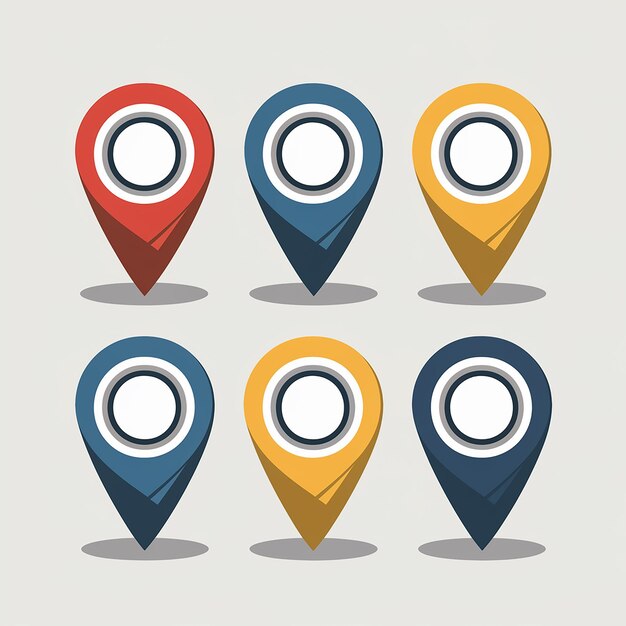 Marcadores de ubicación coloridos para mapeo y GPS Una ilustración de seis marcadores en variaciones de rojo, azul y amarillo