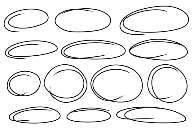 Vector marcaje de marcadores ovalados dibujados a mano conjunto de líneas conjunto de bocetos de círculos garabateados dibujados a mano conjunto de dibujos ovalados