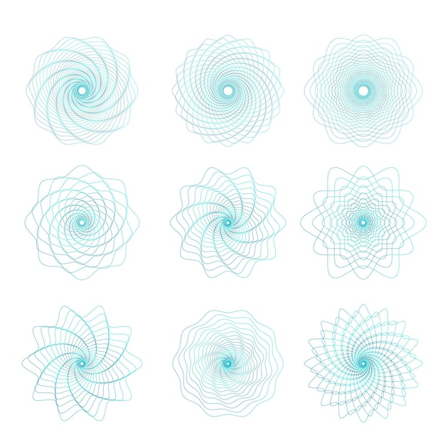 Vector marcas de agua de seguridad de dinero guilloche conjunto de rosetas redondas geométricas marcas de agua de remolino circular geométrico