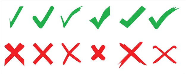 Marcas de comprobación verdes y cruces rojas