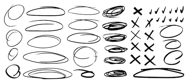 Marcas de marcador en varias formas Formas caligráficas redondas en forma de burbuja en forma de v Correcto aprobado