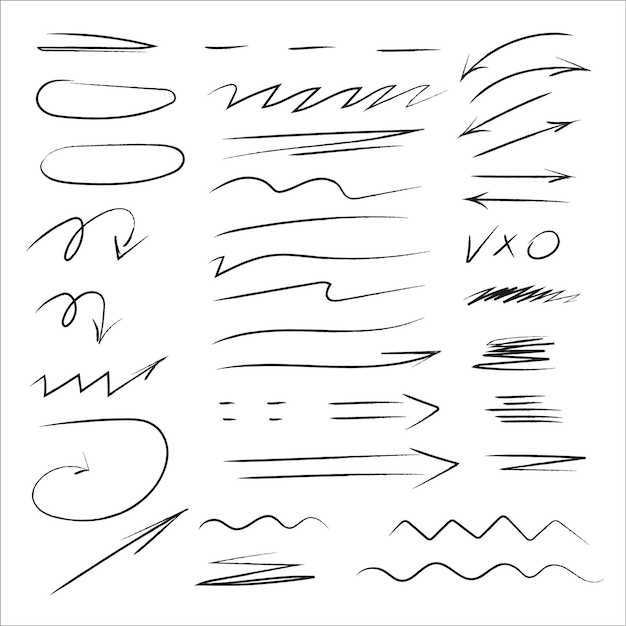 Marcas de pincel seco negro garabateos y garabates dibujados a mano con lápiz vectorial de varios