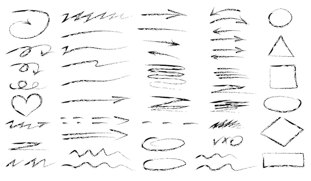 Marcas de pincel seco negro garabateos y garabates dibujados a mano con lápiz vectorial de varios