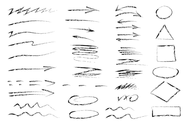 Marcas de pincel seco negro garabateos y garabates dibujados a mano con lápiz vectorial de varios