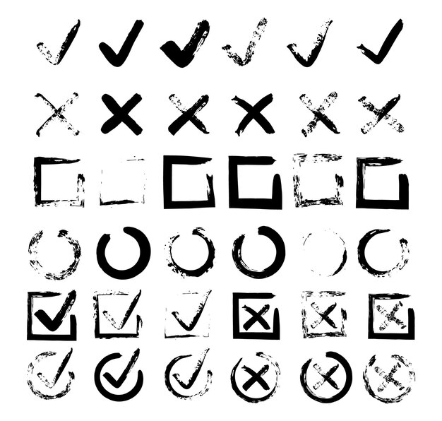 Marcas de verificación de casilla de verificación vx marcas de verificación de tiza y pincel conjunto conjunto de vectores