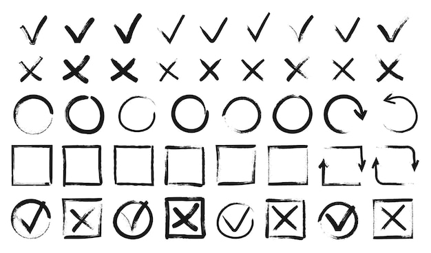 Marcas de verificación dibujadas a mano Cuadros de lista de verificación de marcas de garabato negro Conjunto de signos de garrapata y cruz de grunge