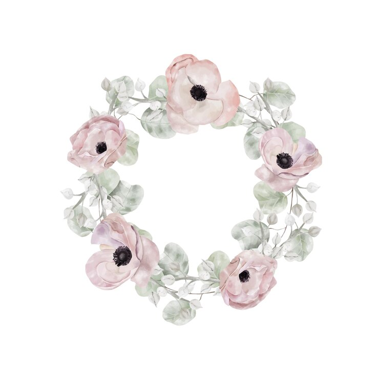 Marco de acuarela con anémona rosa y eucalipto.