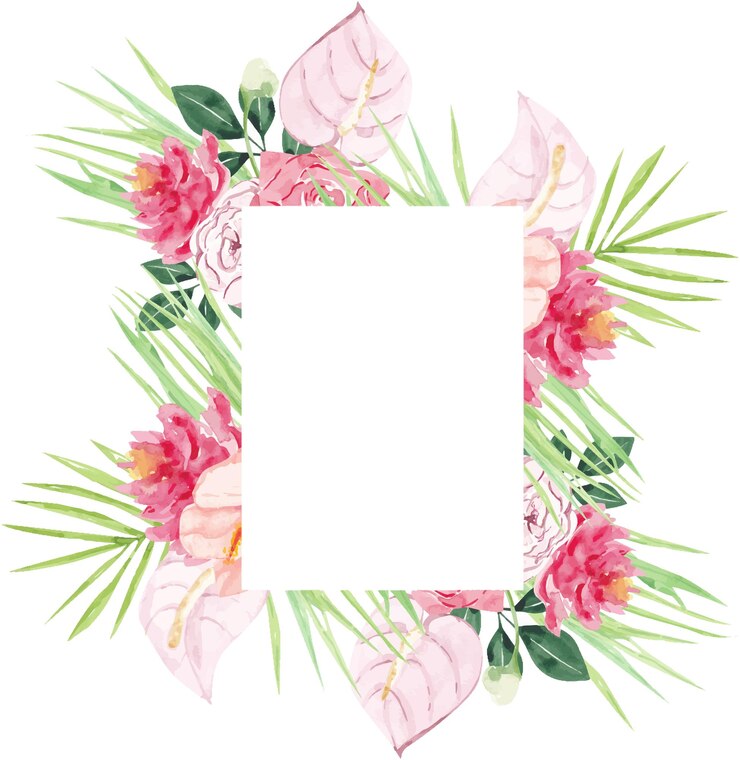 Marco de acuarela de hojas y flores tropicales sobre fondo blanco