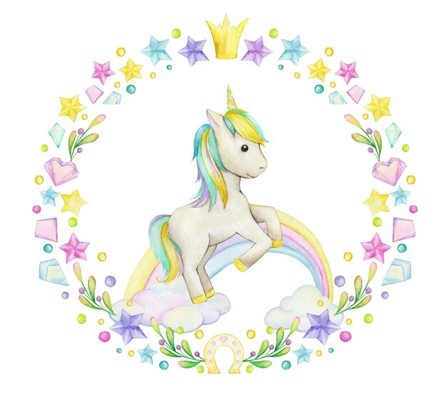 Marco de acuarela de unicornio con nubes y cristales.