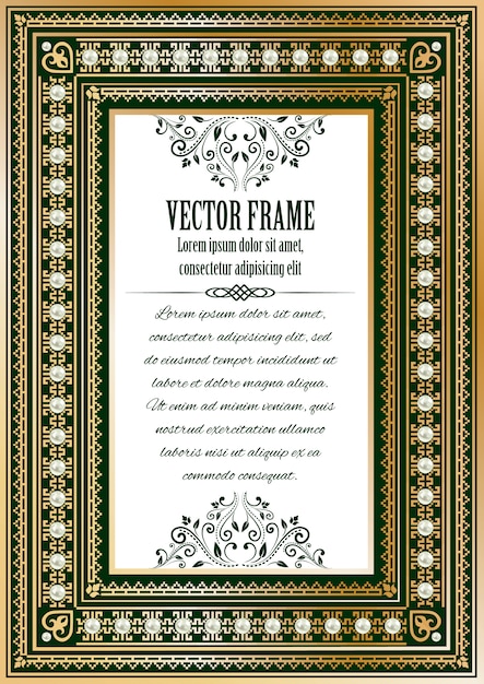 Marco adornado de la vendimia de lujo para su texto o foto. oro real con perlas en verde oscuro con texto de ejemplo, divisor y elementos caligráficos.