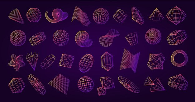 Marco de alambre de cuadrícula formas retro cibernéticas portal de perspectiva de los años 80 gravedad futurista figuras de malla de los años 90 marco de geometría cyberpunk esfera línea globo espiral gradiente conjunto de elementos tecnológicos vectoriales 3D